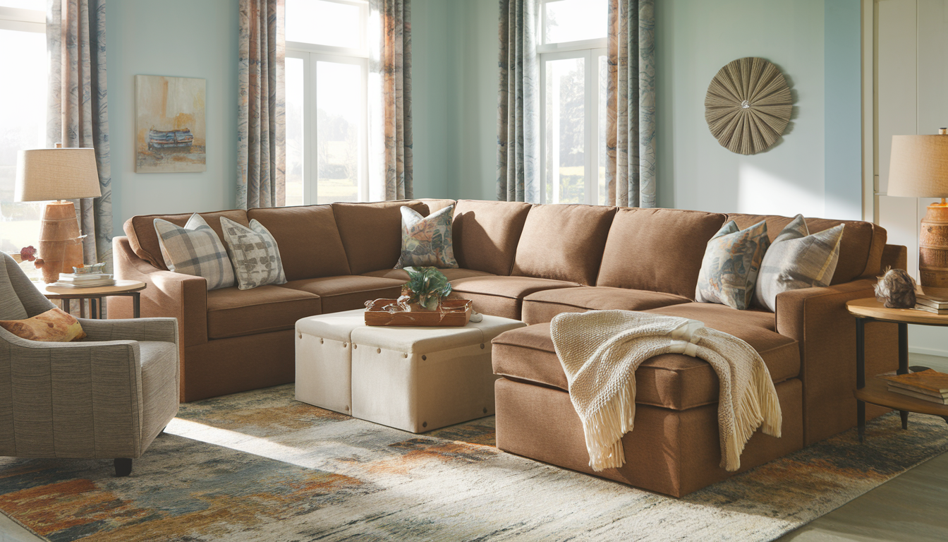 Cozy living room with a modular sectional sofa, soft lighting, and earthy tones.