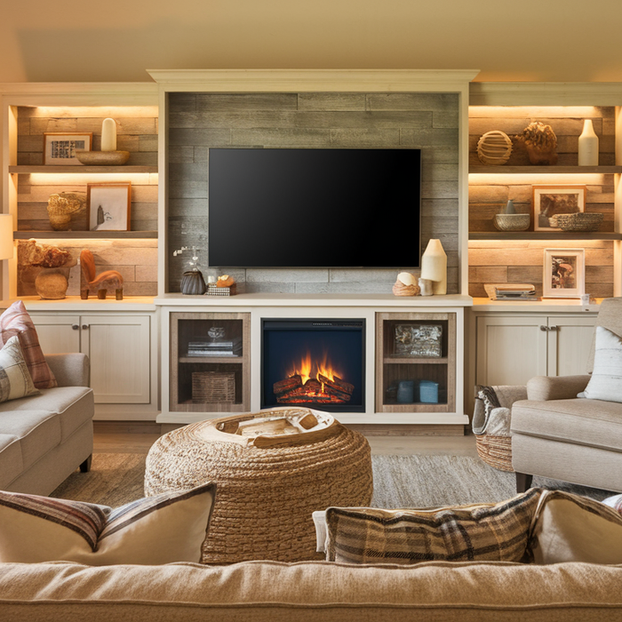 Cozy living room with modern fireplace TV stand, warm-toned furniture, and soft lighting.