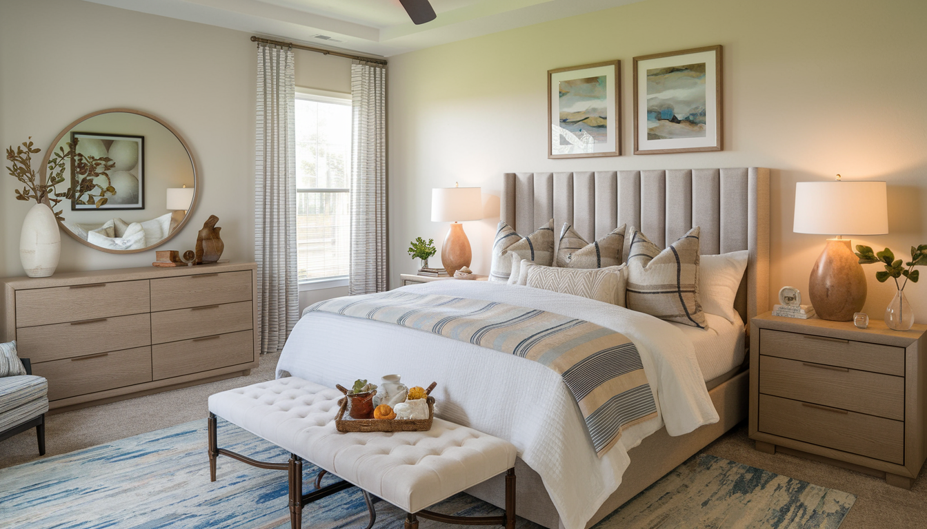 Modern bedroom with a king-sized bed, plush bedding, and coordinated furniture in soft blues and warm earth tones.