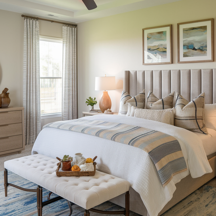 Modern bedroom with a king-sized bed, plush bedding, and coordinated furniture in soft blues and warm earth tones.