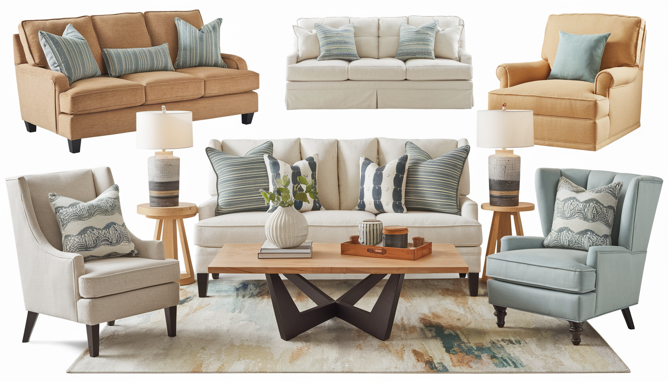 Cozy living room with a modern coffee table, surrounded by stylish furniture like a sofa and accent chairs, in a warm atmosphere with earthy tones and hints of blues and greens.
