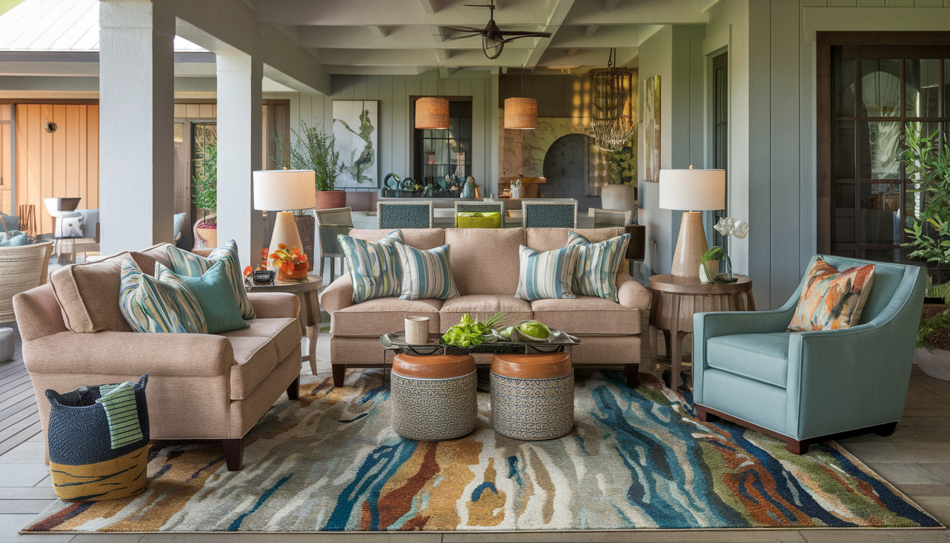 A cozy and stylish living room with a vibrant abstract-patterned rug as the centerpiece, featuring modern furniture in warm blues, greens, and earth tones.