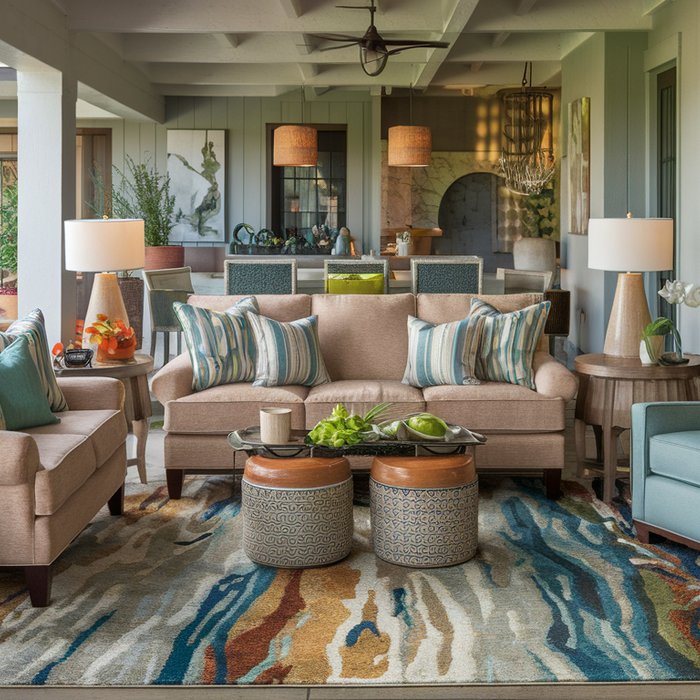 A cozy and stylish living room with a vibrant abstract-patterned rug as the centerpiece, featuring modern furniture in warm blues, greens, and earth tones.