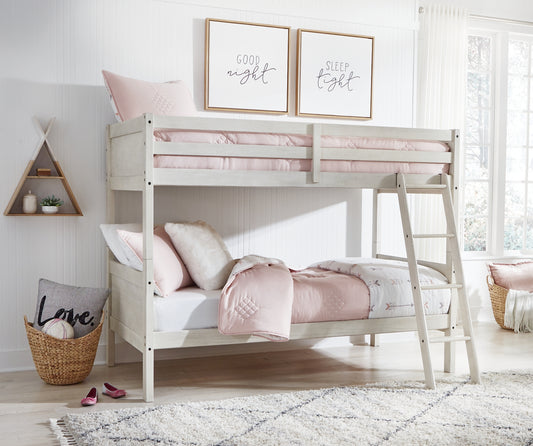 This twin/twin bunk bed with ladder is made with wood, select oak veneer, engineered wood and cast resin components. Pairs with other items in the series to make a bed kit.