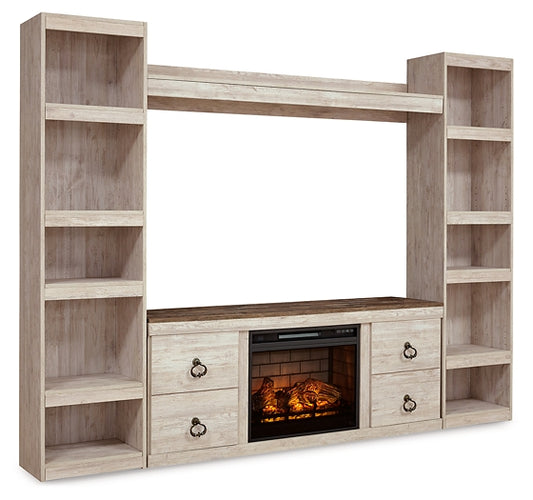 This entertainment center with LED fireplace insert is the ultimate statement piece for your coastal cottage or shabby chic inspired retreat. Its whitewash finish is wonderfully easy on the eyes. Paired with the TV stand’s unique plank-style top, it's a driftwoody look that has our minds drifting away to beachy-keen escapes. Two tall piers with open shelving allow you to put home accents on display, safely out of the way