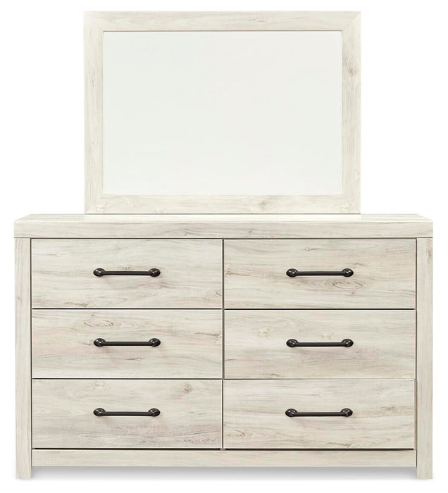Cambeck Queen Panel Bed with 2 Storage Drawers with Mirrored Dresser