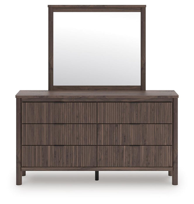 Pamytta Full Upholstered Panel Platform Bed, Dresser and Mirror