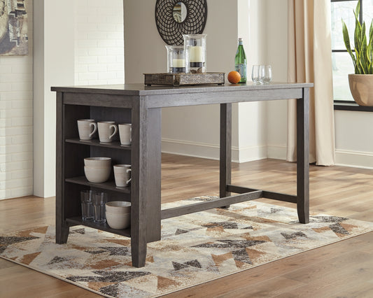 Perfect portion. Striking a simply chic pose, this dining room counter table serves up high style on a smaller scale. Its antiqued gray wash finish gives the clean-lined design a casually cool sensibility. Side shelves cleverly balance form and function.