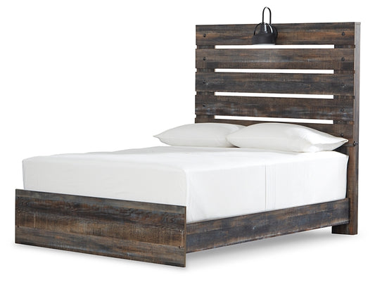 When merged in just the right way, rustic and industrial styles can make one happy marriage. Case in point: this queen panel bed. A refined take on barn board beauty, its complex, replicated wood grain showcases hints of burnt orange and teal tones for a sense of weatherworn authenticity. Love to read in bed? You’re sure to find the pair of retro-chic light sconces and USB plug-ins on the open-slat style headboard such a bright idea. Mattress and foundation/box spring available, sold separately.