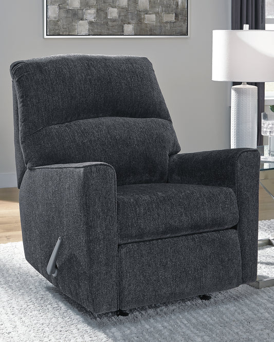 If style is the question, then this rocker recliner is the answer. Clean-lined profile is beautifully contemporary. Plush chenille fabric and plump cushioning make it so easy to comfortably kick up your heels. Richly neutral hue complements a variety of decor.