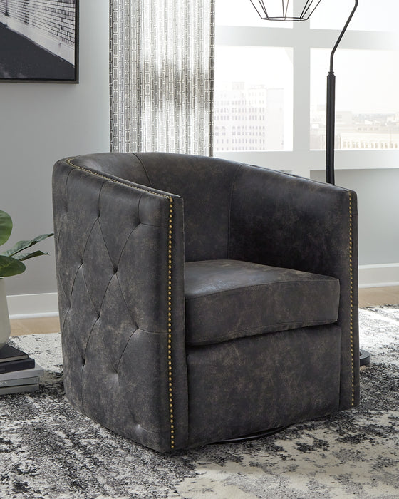 Classic style gets an urban upgrade in this cool accent chair. The barrel back and tufted sides evoke swanky private clubs while the distressed black faux leather keeps it current.
