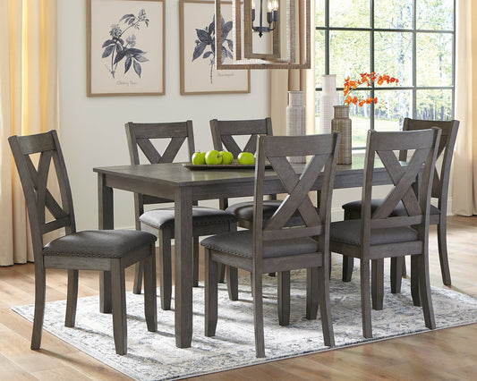 Perfect portion. Striking a simply chic pose, this dining set is styled with fascinating flair. Subtle gray wash finish gives the clean-lined design a casually cool sensibility, while the chair’s plushly cushioned seat in a soft, neutral upholstery adds to the allure.
