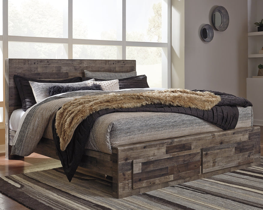 King bed with wood paneling design on headboard and footboard 