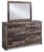 dresser with mirror, wood paneling design, black hardware