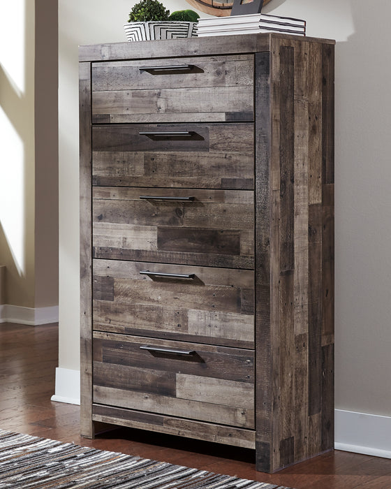 5 drawer chest, decorative wood paneling, black hardware