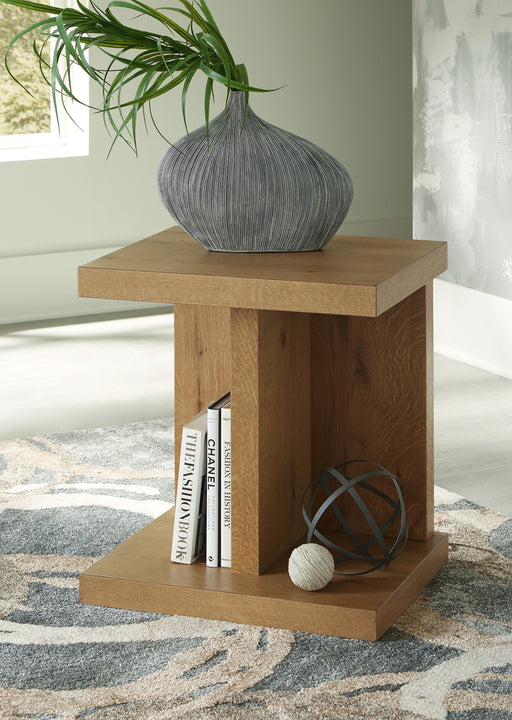 Level up the luxurious feel of your aesthetic at an accessible price. Natural details in the wood elevate the contemporary form of this chairside end table. Integrated USB charging provides chairside convenience. Display decor in the plinth base or stage it solo to echo your elegant approach to everyday style.