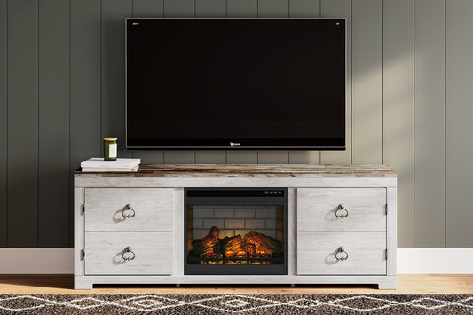 This TV stand with electric infrared fireplace insert is the ultimate statement piece for your coastal cottage or shabby chic inspired retreat. Its whitewashed finish is wonderfully easy on the eyes. Combined with the plank styling, it's a driftwood look that has us dreaming of beachy-keen escapes. Packed with potential, the TV stand's two cabinet doors with ring pulls reveal concealed storage/display space