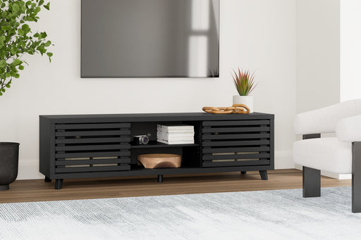 Entertain the art of modern living with this TV stand. Pairing a subtle wood grain look with a trend-right matte black finish, it’s beautifully in tune with your clean-lined design sensibility. Packed with potential, two sliding doors reveal even more adjustable shelving, just the ticket for storing your tech consoles, DVDs and games.